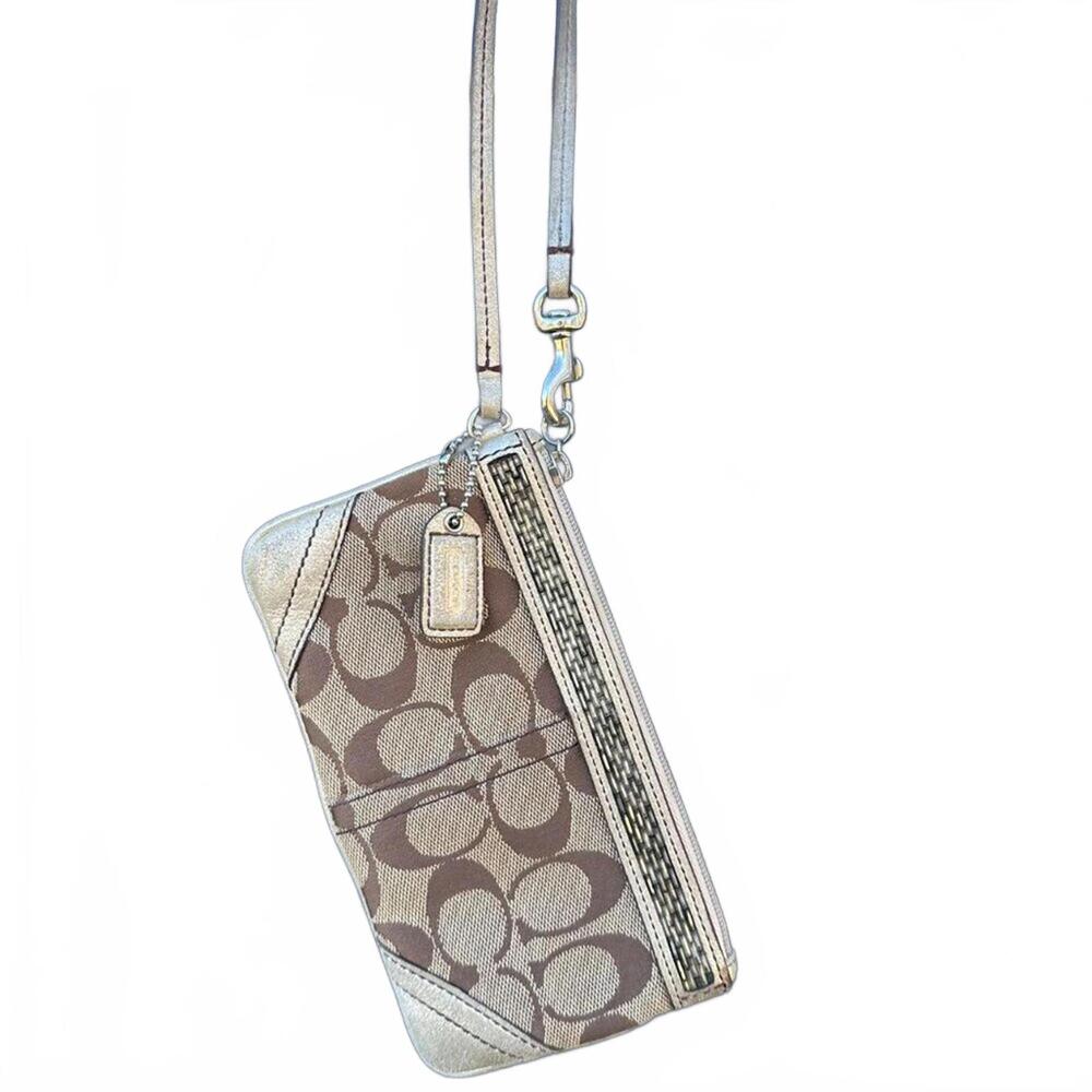 COACH Vintage Y2K Tan Brown Logo Canvas Beaded Mini Bag Wristlet Gold Trim